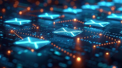 Glowing email symbols on a digital circuit board